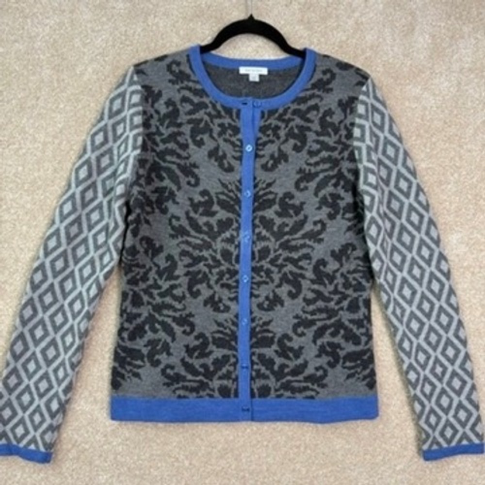 GARNET HILL Cardigan Women's Medium Gray Blue Damask 100% Merino Wool Sweater